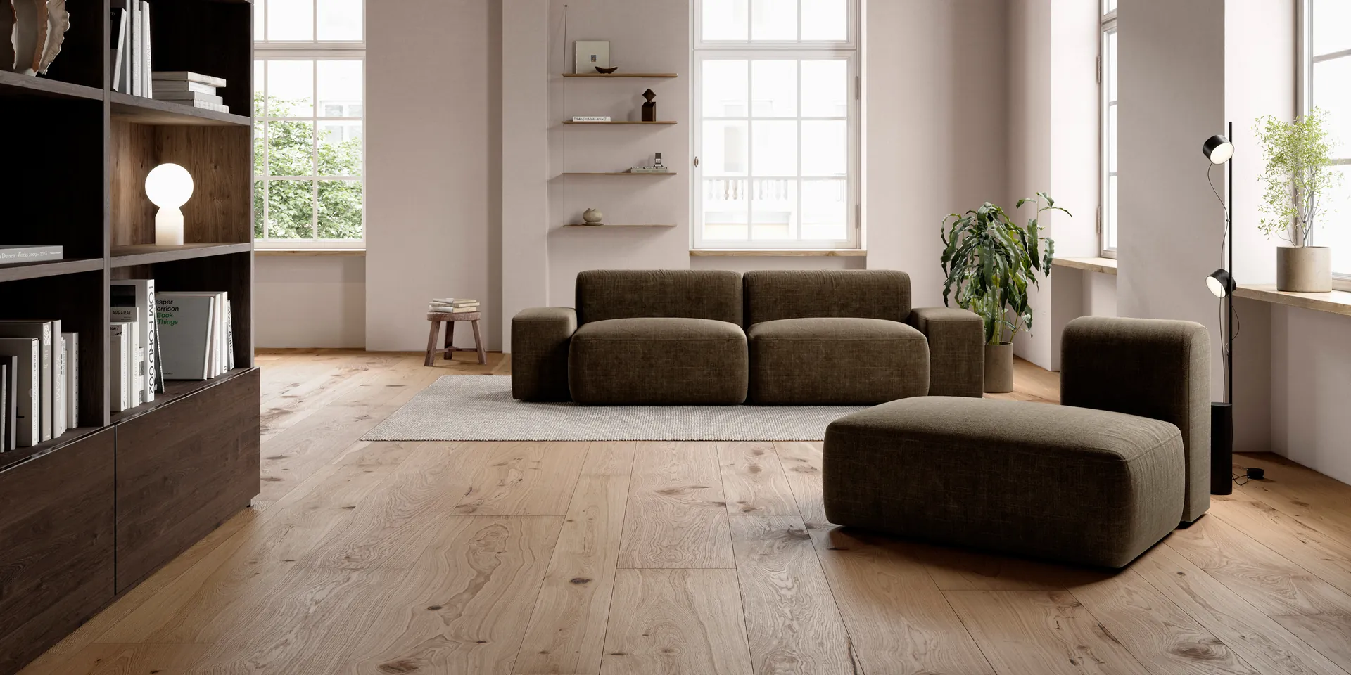 Bauwerk Unicopark Oak Avorio, warme brede eiken houten vloer in een woonkamer.
