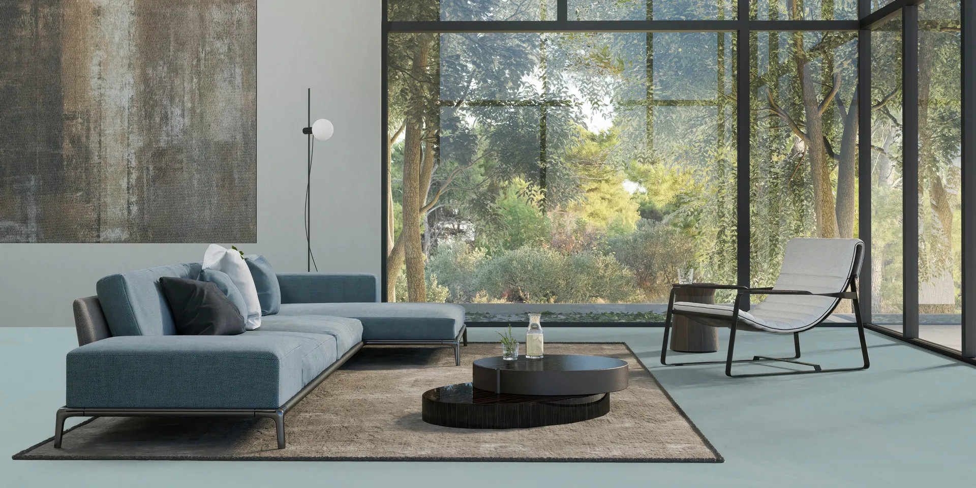 Arturo PU Betonlook gietvloer in Tender Breeze naadloos doorlopend door het interieur.