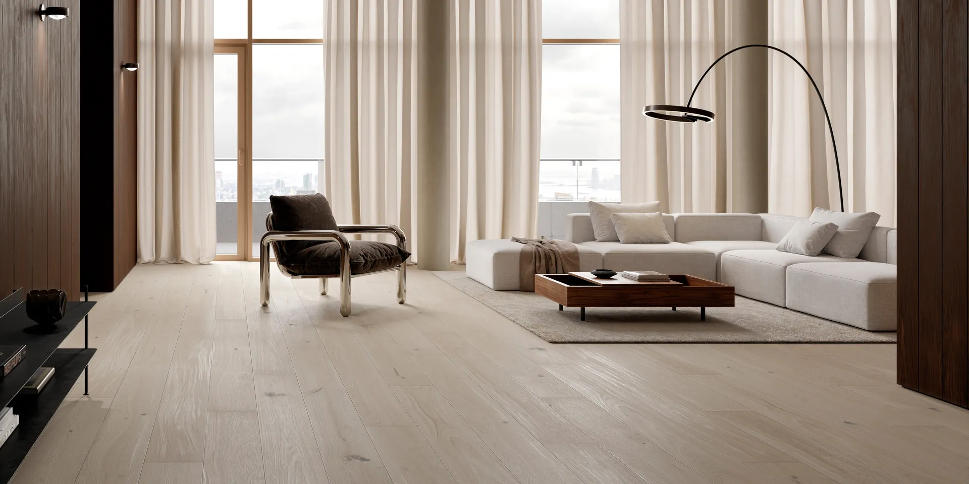 Bauwerk parketvloer Silverline Edition in eiken Silver doorlopend in interieur.