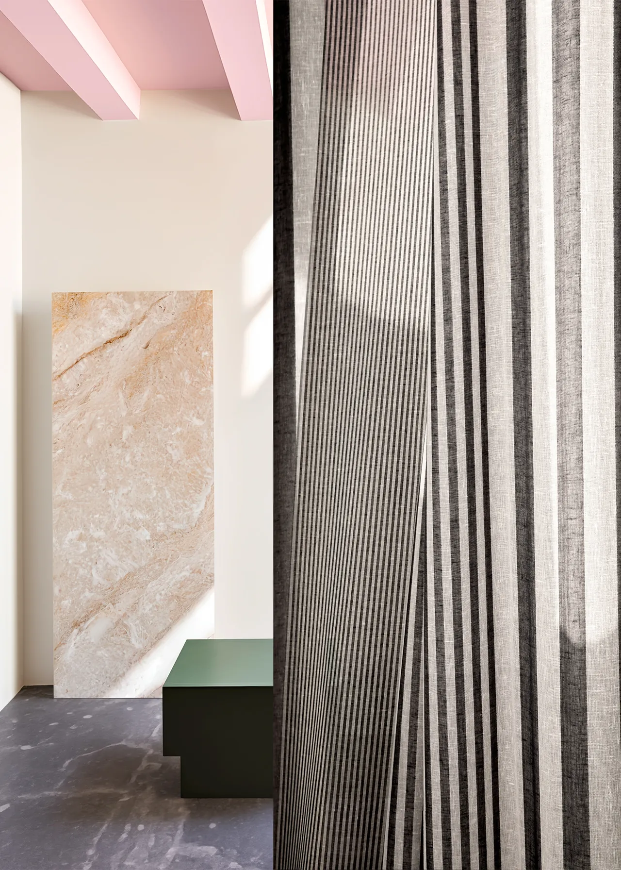 Kvadrat Frequency Roadstar gordijnstof met streepritme in gerecycled brandwerend polyester