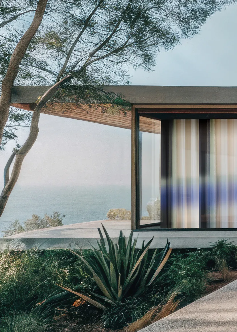 Kvadrat Frequency Scan gordijnen in Azure in modern interieur met glasgevel en zeezicht